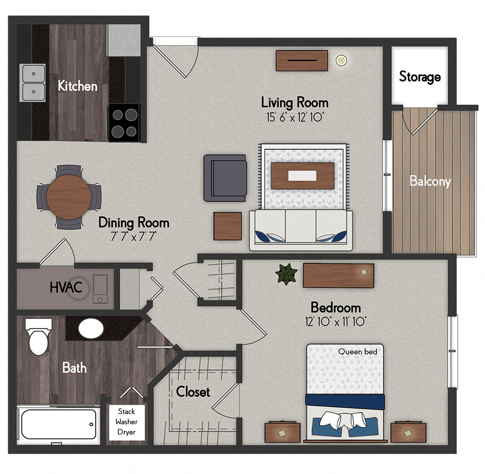 Floor plan for 1 bed, 1 bath, 697 sqft